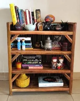 Synergy - Natural Bamboo Cane Multipurpose Rack for Shoes Books Slipper Planter Organize Rack with 4 self or compartmaent,Size:27 * 24 * 12 inch, Utility Rack Colour:Brown